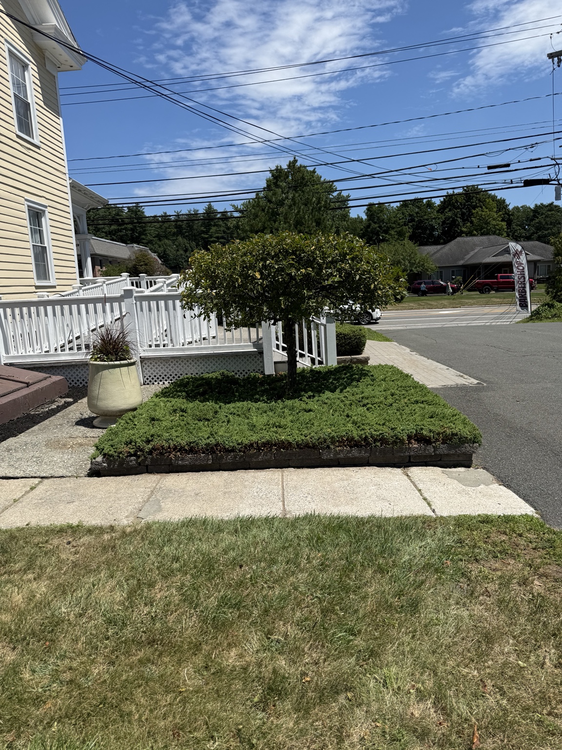Trimmed shrubs and refreshed mulch beds at a Saratoga commercial building