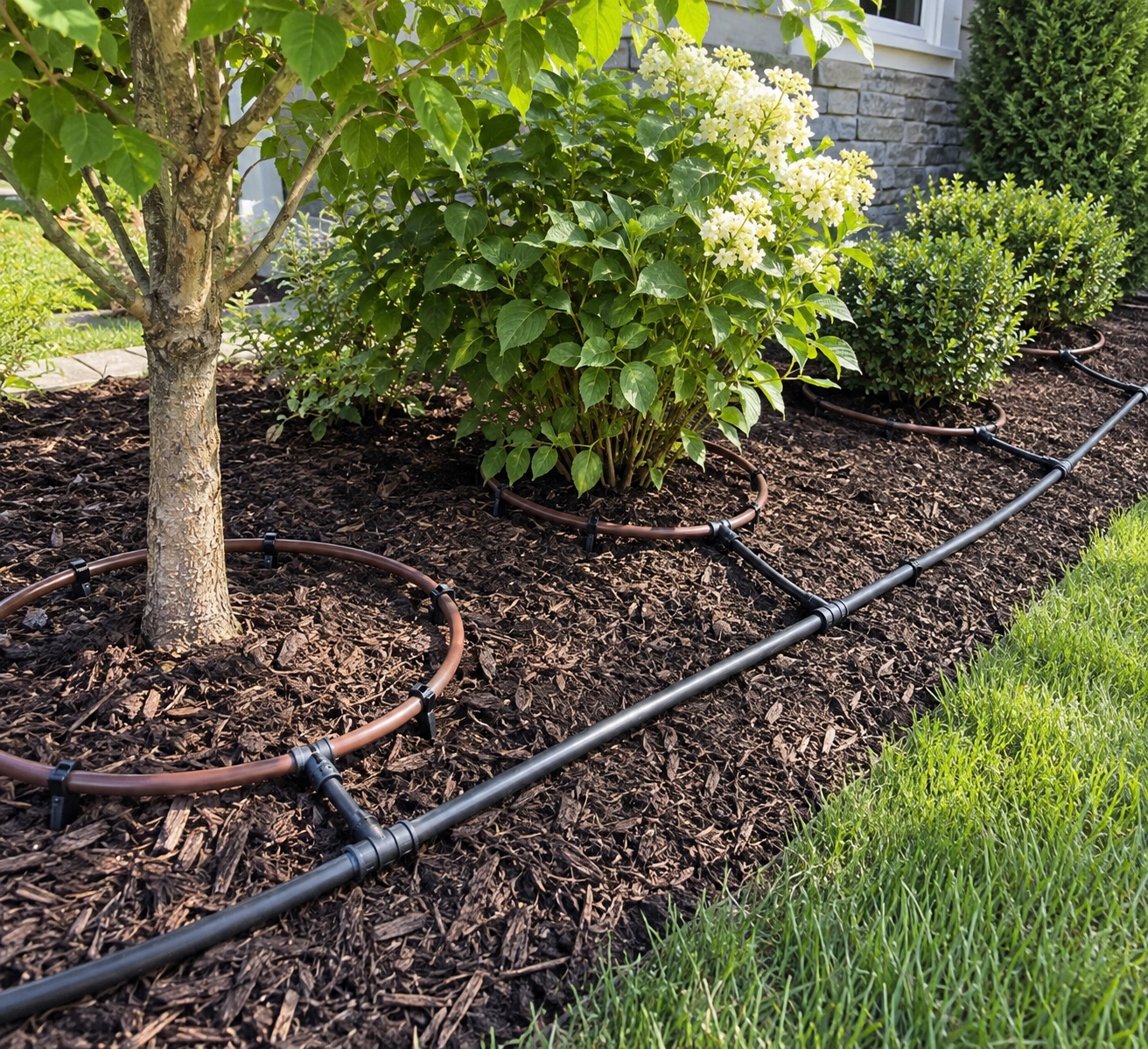 Residential drip irrigation system installation for trees and shrubs