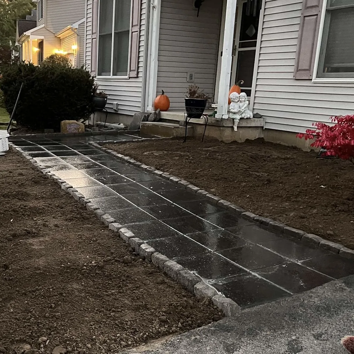 Close view of finished paver walkway